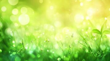 Lush green grass and clover bathed in warm sunlight, creating a serene and inviting natural scene. Bokeh adds ethereal atmosphere. photo
