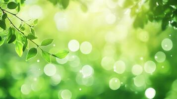 Lush green foliage and bokeh create a refreshing, vibrant spring scene. The image evokes nature's beauty and tranquility. photo