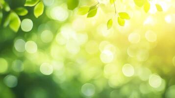 Lush green leaves shimmer in the sunlight, creating a soft, ethereal bokeh effect, capturing the beauty of nature's gentle glow. photo
