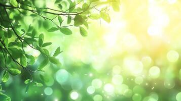 Green leaves on branches glow with sunlight filtering through the canopy. Bokeh lights and a blurred background add to the luminous effect. photo