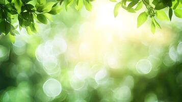 A sunlit canopy of green leaves filtering sunlight. A bright, ethereal scene capturing the freshness and vitality of nature in a harmonious display. photo