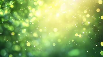 Ethereal green light filtering through leaves, creating a magical bokeh effect with bright sparkles against an organic backdrop. photo