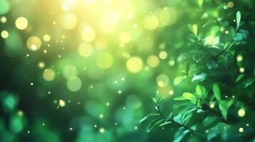 Lush green foliage sparkles with magical glowing orbs of light, creating a vibrant and ethereal ambiance. Brightness and life abound. photo