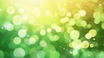 An abstract dreamy background filled with various sizes of blurry bokeh orbs and specks. The colors are green and yellow tones. photo
