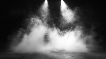 Smoky atmosphere illuminated by two spotlights, creating a dramatic and mysterious stage for performance or cinematic effect. photo
