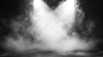 Monochrome scene with two bright beams illuminating dense fog, creating a dramatic atmosphere on a dark, reflective surface. photo