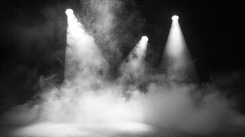 Monochromatic scene featuring three spotlights shining through dense fog, creating a dramatic and mysterious ambiance with light and shadow. photo