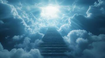 A stairway climbs into the bright sky above, surrounded by ethereal clouds. It could be stairs to heaven or paradise in the heavens above. photo