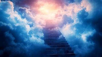 A celestial staircase ascends to a radiant, dreamy sky, surrounded by soft, luminous clouds and ethereal light. Journey beyond. photo