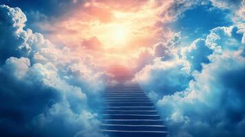 un escalera a el Cielos en medio de un brillante cielo de vibrante nubes es un maravilloso imagen de un ascenso a el Dom. foto