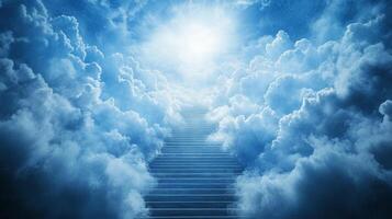 Stairway to heaven amidst fluffy clouds, bathed in ethereal sunlight. A path to serenity and peace, a journey beyond the earthly realm. photo