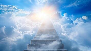 Stone steps ascend upwards into a bright, ethereal sky filled with fluffy clouds, suggesting a path to hope and a brighter future. photo
