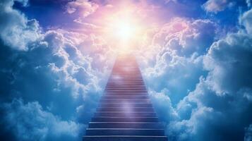 A long staircase ascends upward toward a bright light source, surrounded by fluffy white clouds and a blue and pink sky gradient. photo