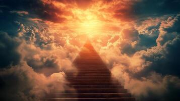 Stairway rising into radiant light amidst swirling clouds, a mystical journey towards hope, transcendence, and divine serenity. photo