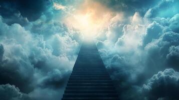 An awe-inspiring view of a monumental staircase ascending through swirling clouds toward a radiant, luminous light in the distant sky. photo