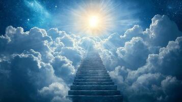 Stairway to heaven amidst fluffy clouds with a bright light shining in the distance, symbolizing hope and serenity in celestial setting photo