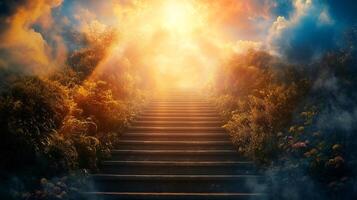 Stone steps lead skyward through lush greenery and a bright, sunlit sky, symbolizing hope and aspiration. A path to a higher place. photo