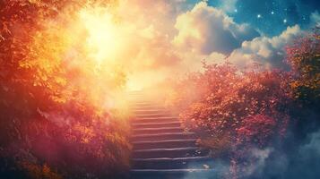 A stone stairway ascends through vibrant foliage towards a bright, hazy sky with some stars above the clouds, creating a mystical pathway. photo