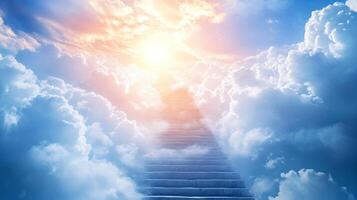 A stairway extends upward into a sky filled with soft, fluffy clouds that are illuminated by a bright, golden light shining above. photo