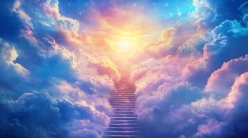 escalera a cielo, un camino iluminado por un celestial resplandor en medio de nubes, evoca esperanza y Sueños para un más brillante futuro. foto