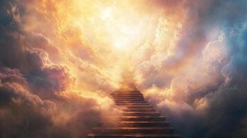 escalera a cielo. etéreo Roca pasos ascender mediante dorado nubes hacia un brillante luz, atractivo contemplación y espiritual viaje. foto