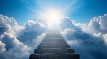 A stairway leads upward into a radiant, sunlit sky, enveloped by soft, white clouds, creating a scene of hope and ascension. photo