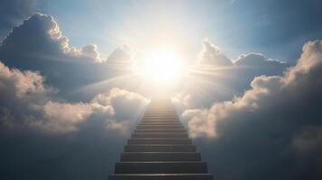 A staircase ascends into a vibrant, light-filled sky, surrounded by fluffy clouds. The path is lit by a bright, ethereal glow. photo