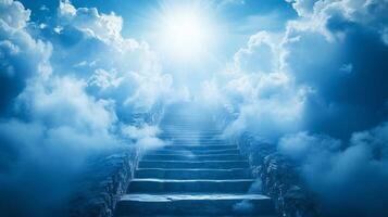 An ethereal staircase ascends into a luminous sky filled with fluffy clouds, evoking a sense of journey, hope, and spiritual transcendence. photo