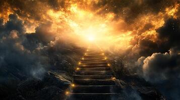 Stairway illuminated at night under a golden sky, promising hope with steps leading to the divine, creating a spiritual atmosphere. photo