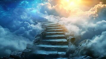 A stone stairway ascends through a cloudy sky towards a bright, sunlit horizon, symbolizing a journey or aspiration toward higher realms. photo
