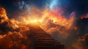 A long stone staircase stretches upwards into a dreamlike sky filled with colorful nebulas and clouds, illuminated by a distant bright light. photo