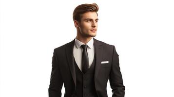 A handsome man with brown hair wearing a black suit, vest and tie, standing against a white background looking off to the side. photo