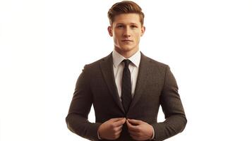 A young man in a tailored suit confidently buttons his jacket, exuding sophistication and style against a bright, clean backdrop. photo