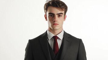 A young man is wearing a suit. He is posing with a serious face. The background is plain, and the lighting is bright and even. photo