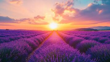 Lavender field at sunset with beautiful purple rows extending towards the horizon and an amazing colored sky with clouds photo
