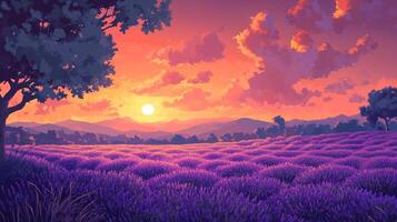 Dreamy lavender field under sunset. Mountains in the background, soft clouds in the sky, and a tree on the side, offering a sense of peace. photo