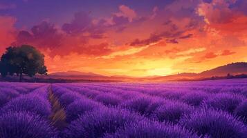 Serene lavender field stretching towards a vibrant sunset, mountains in the background, and a solitary tree stand in golden light. photo