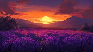 Purple blossoms stretch out, meeting twilight's embrace, where sun dips low beyond distant peaks, painting the heavens with vibrant hues. photo