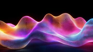 Abstract landscape of colorful glowing particles arranged in undulating waves against a black background, creating a digital or futuristic effect. photo