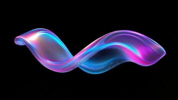 Iridescent ribbon sculpture shimmering with neon colors floats against a stark black background, its smooth curves illuminated by vibrant light. photo