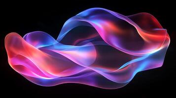 Abstract flowing ribbons of translucent material shimmering with vibrant hues of purple, blue and red against a stark black backdrop. photo
