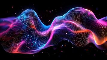 Vibrant abstract wave with glowing particles against a dark background. Evokes data, technology, or futuristic concepts. photo