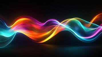 Vibrant glowing waves intertwine, casting colorful light on a sleek surface, creating a mesmerizing visual dance in a dark setting. photo