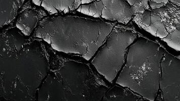 Cracked, dried surface with deep fissures, creating a stark, abstract pattern. Dark, mysterious texture. Weathered and worn appearance. photo