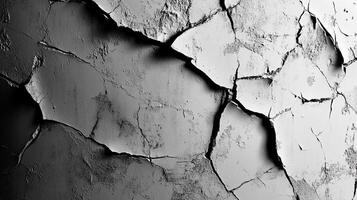 Abstract monochrome pattern featuring cracked and peeling white paint on a rough surface, creating a textured, weathered effect. photo