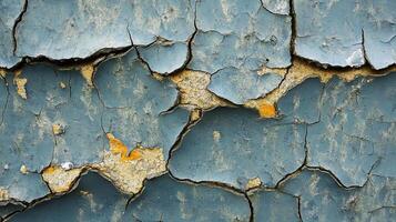Cracked blue paint reveals a worn wall, its surface a tapestry of age and decay, showcasing texture and color in abstract patterns. photo