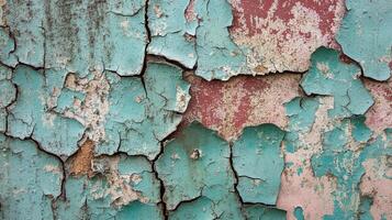 Weathered wall texture with peeling turquoise and red paint, showcasing a distressed and aged surface with prominent cracks and deterioration. photo