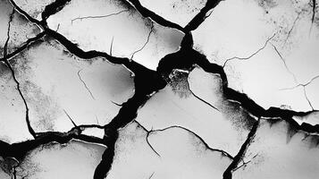Cracked surface of a dry and brittle material, showing a network of interconnected fissures, suggestive of decay or extreme weather conditions. photo