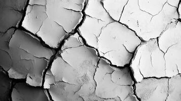 Abstract black and white image showing a texture of cracked surface revealing a rough interior, suggesting age, decay, and destruction. photo