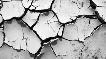 Monochromatic image displaying a pattern of cracked dry earth, showcasing an arid landscape with fragmented land and stark contrasts. photo